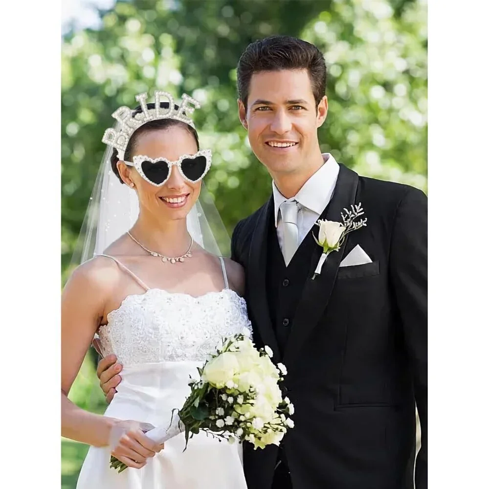 Pearl Bride Headband with Veil Heart Shaped Pearl Sunglasses for Wedding